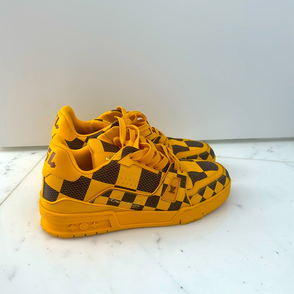 Men’s Louis Vuitton Yellow and Brown Checkerboard Sneakers LV Trainer Damier Pop
